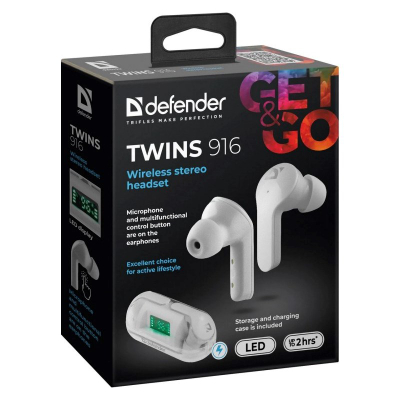 Kufje wireless Defender Twins 916, Bluetooth 5.0, kuti karikimi me ekran, të bardha