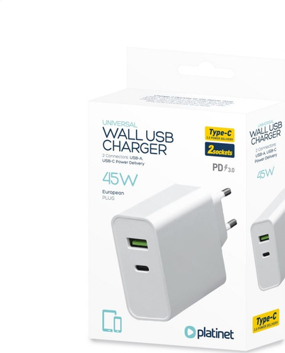 Karikues muri Platinet PLCUPD45W, 45W, me USB-A dhe USB-C, i bardhë