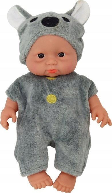 Kukull bebe me kapelë koale, 21 cm, rroba gri