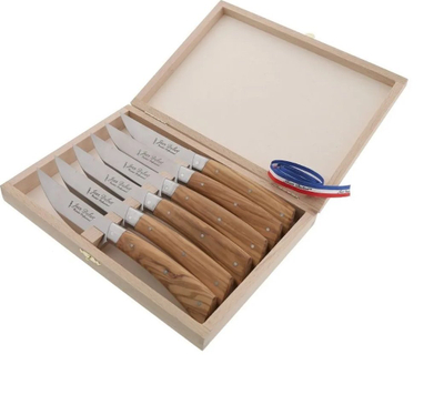 Set thikash steak Jean Dubost, 6 copë, dorezë dru ulliri, në kuti druri natyrale
