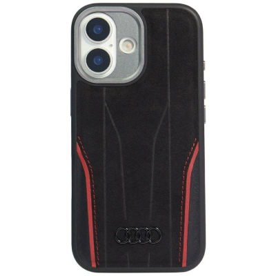 Kapak telefoni Audi R8 Genuine Leather MagSafe, për iPhone 17, lëkurë natyrale, zi me të kuqe