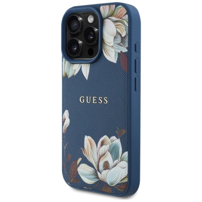Заштитна маска Guess MagSafe за iPhone 16 Pro, дизајн со цвеќиња, сина