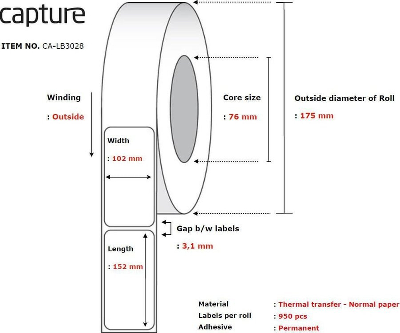 Letër etiketuese për printer Capture CA-LB3028, termike, e bardhë