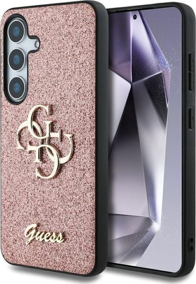 Mbulesë telefoni Guess Fixed Glitter Big 4G Metal Logo për Samsung Galaxy S25, rozë