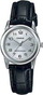 Orë dore Casio LTP-V001L-7B, quartz me akrepa, për goca, me rrip lëkure të zi
