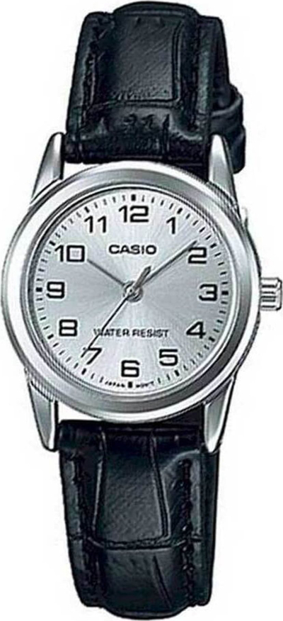 Orë dore Casio LTP-V001L-7B, quartz me akrepa, për goca, me rrip lëkure të zi
