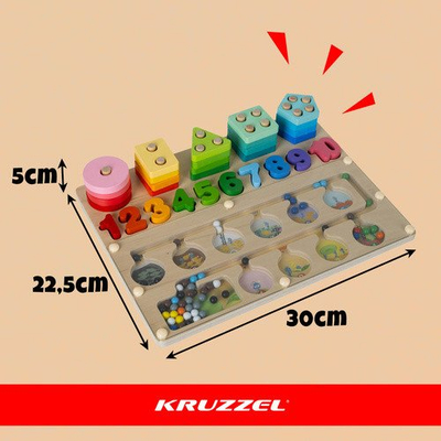 Lodër edukative druri Kruzzel Wooden Shape Sorter 26509, 3 në 1 Montessori, me forma dhe numra shumëngjyrësh