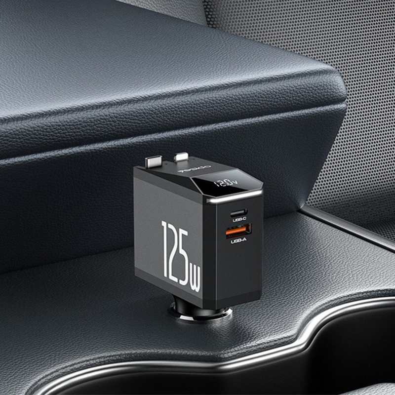 Karikues veture Yesido 125W, USB C USB A, kabllo tërheqëse USB C Lightning, i zi