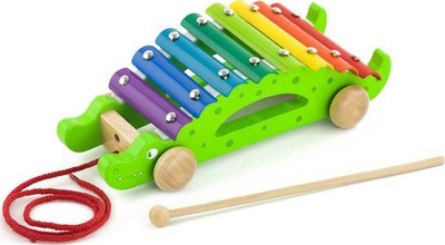 Lodër ksilofon krokodil për tu tërheq, Original Toy Company, 8 taste, dru, jeshile shumëngjyrshe