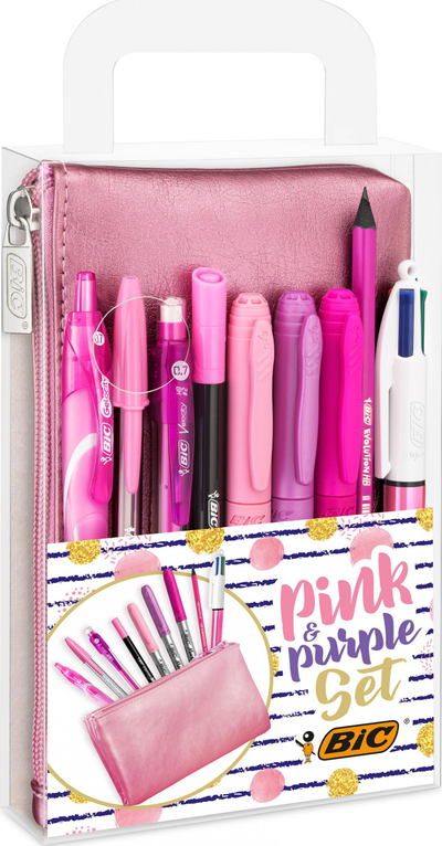 Set shkrimi BIC Pink and Purple, penar me stilolapsa dhe lapsa, rozë vjollcë