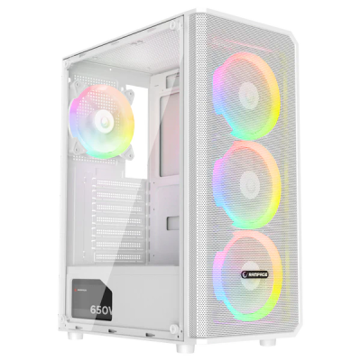 Kasa per PC — Rampage Helios Mesh 650W 80 Plus Bronze White ATX Mid‑Tower Gaming