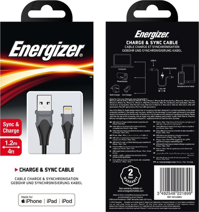 Kabllo karikimi Energizer Classic USB A në Lightning, 1.2 m, MFi, e zezë