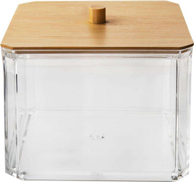 Kontejner pambuku kozmetik akrilik me kapak bambuje, transparent, natyral
