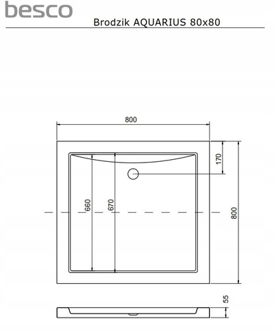 Туш када „Aquarius Besco Fi 90 SlimLine Stone“, 80x80 cm, монтирање во ниво со под, црна
