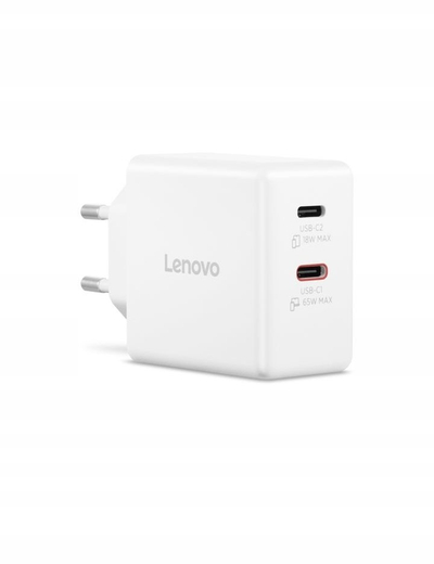 Полнач Lenovo Dual USB C 65W GaN, 2 порти USB C, за нотбук, бел