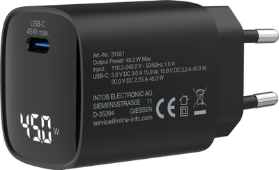 Karikues muri InLine, USB C, 45W PD GaN, me ekran, i bardhë