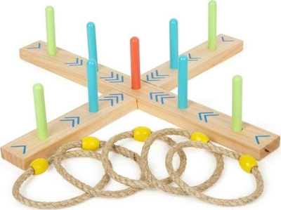 Lojë hedhjeje PRO Wooden Cross Throw Set, dru i natyrshëm, me unaza litari, shumëngjyrëshe