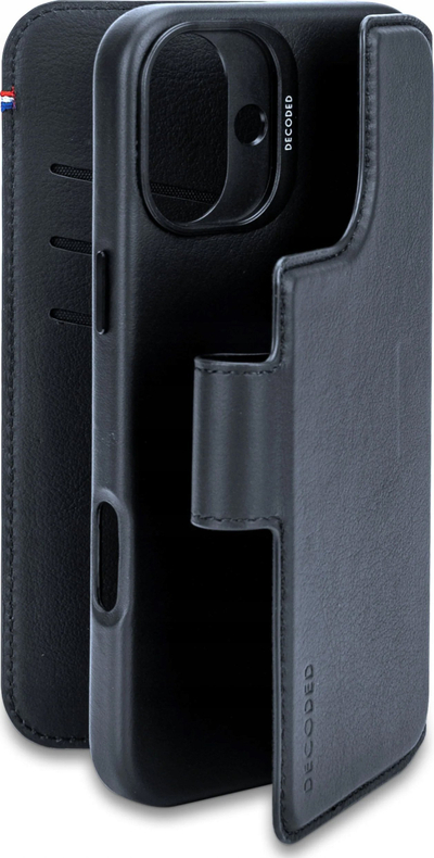 Këllëf-portofol Decoded Leather Detachable Wallet për iPhone 16, lëkurë, me kapak dhe me vende për karta, blu navy