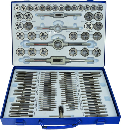 Set tapa dhe filiera GEKO, 110 pjesë, metrik, në kuti metal