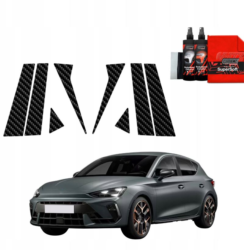 Folie karboni për shtylla Cupra Leon Sportstourer 8in1, 2024-2025, efekt karbon, e zezë