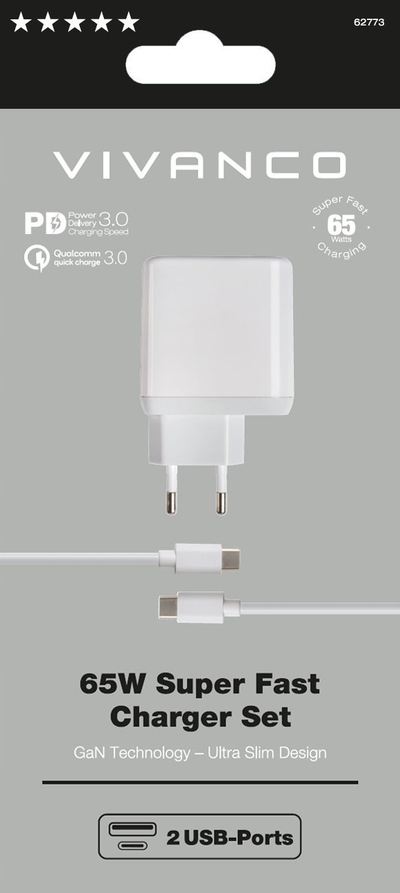 Karikues muri Vivanco 65W, GaN, 2 porta USB, me kabllo USB C, i bardhë