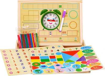 Set lojë edukative druri, tabelë magnetike dyanshme, aksesorë numrash dhe formash, shumëngjyrëshe