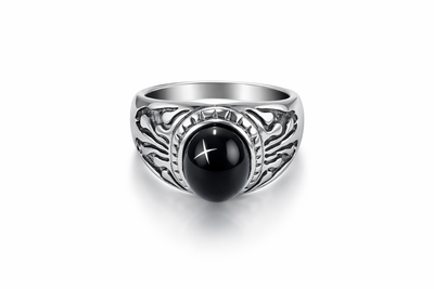 Unazë Silver me Gur të Zi – Stil i Fuqishëm dhe Elegant