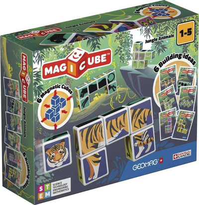 Lodër kube magnetike Geomag Magicube Jungle Animals, 6 kube, 3 karta ndërtimi, shumëngjyrëshe
