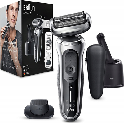 Aparat rroje elektrik Braun Series 7 71-S7200cc, me kokë 360°, me stacion pastrimi, ngjyrë e zezë me argjend