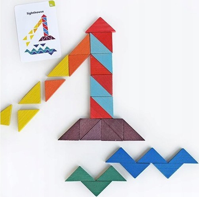 Mozaik druri KuKibik Wooden Mosaic Triangles, 64 copa, 30 karta detyrash, shumëngjyrësh