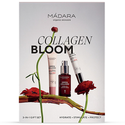 Set për lëkurë MÁDARA Collagen Bloom Firming, serum forcues për lëkurë 30 ml + krem forcues për lëkurë 15 ml + krem nate rigjenerues për lëkurë 15 ml