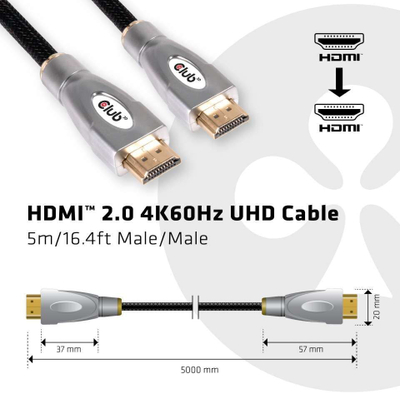 Kабел HDMI Club3D Premium, 5m, 4K 60Hz HDR, црн