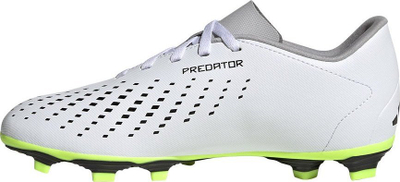 Këpucë futbolli për kalamaj Adidas Predator Accuracy.4 FxG J, taban FxG, për bar natyral, të bardha me detaje të zeza dhe jeshile neon