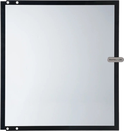 Derë xhami Bambu Lab përpara, për printer 3D, me kornizë metalike të zezë