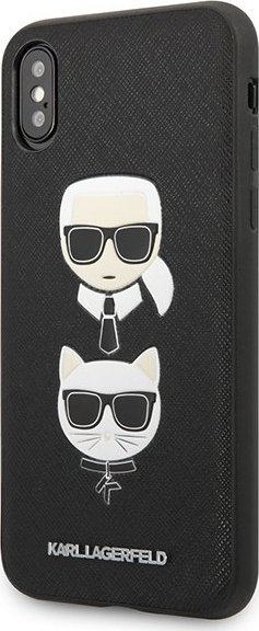 Kapak telefoni Karl Lagerfeld KLHCPXSAKICKCBK për iPhone X / XS, hardcase Saffiano Ikonik Karl dhe Choupette, i zi