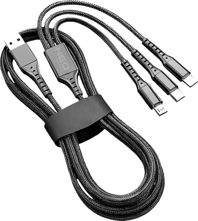 Kabllo 3 në 1 NEO TOOLS GD038, 1.2 m, USB A në Lightning USB C Micro USB, gri