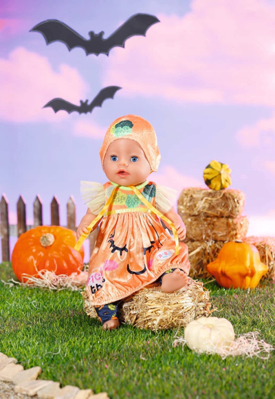 Rroba kukulle Baby Born Halloween Pumpkin Dress, për kukulla 43 cm, set fustan me legins, portokalli