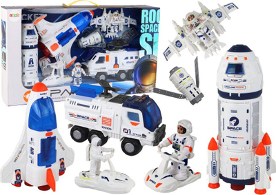 Set lodrash hapsinor Lean Toys Space Mission, 10 pjesë, me raketë dhe makina, bardh e kaltër