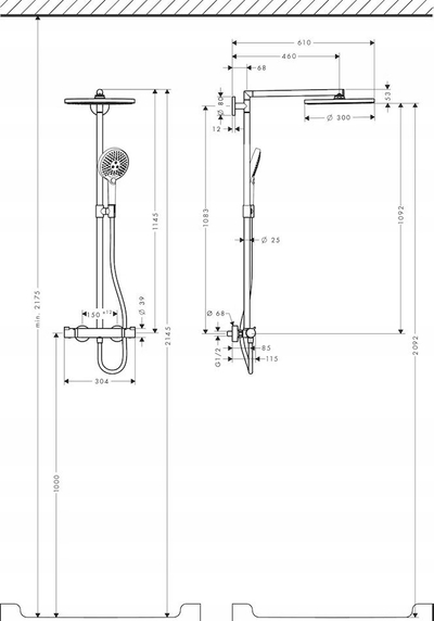 Set dushi Hansgrohe Raindance E, me termostat të futur brenda, dush fiks 30 cm, krom