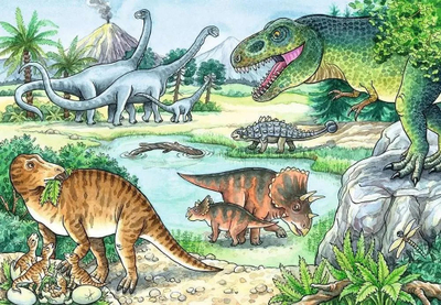 Puzzle për fëmijë Ravensburger 05128 Dinosaur and Her Habitats, 2 x 24 pjesë, plav e gjelbër smerald