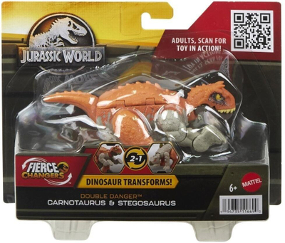 Lodër dinosaur Jurassic World Fierce Changers Double Danger, 2 në 1 Carnotaurus dhe Stegosaurus, portokalli