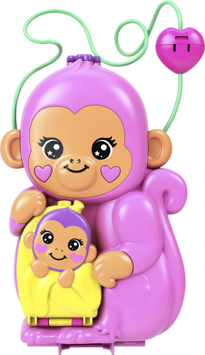 Set lodrash Polly Pocket Momma Monkey and Baby, kompakt 2 në 1, me aksesorë, shumëngjyrësh