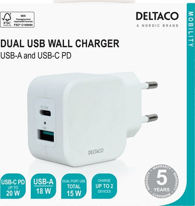 Karikues muri DELTACO USBC-AC149, 20W, USB-C PD edhe USB-A, i bardhë