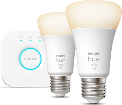 Set drite smart Philips Hue Starter Kit, Bridge, 2 llampa E27 9.5W, dritë e bardhë e ngrohtë