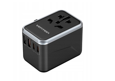 Adapter universal udhëtimi Vention GaN, 4 porta USB C dhe A, 65W, i zi