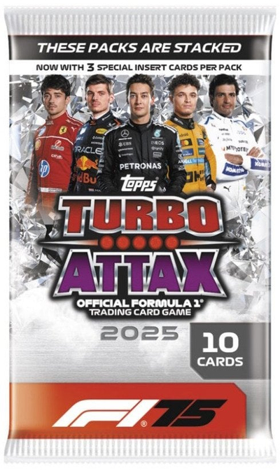 Пакување колекционерски слики Topps Formula 1 Turbo Attax 2025, F1 картички, повеќебојни