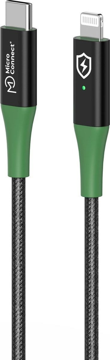 Кабел за полнење Microconnect MC SMART, USB C во Lightning, 1 m, црн со зелено