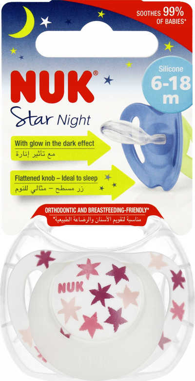 Biberonë qetësues NUK Silicone Soother Star Night, 6-18 muaj, rozë