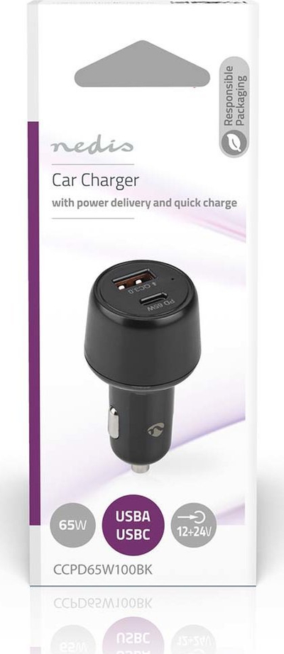 Ngarkues veture Nedis CCAC640BK, 65W, 2 porta USB A USB C, i zi