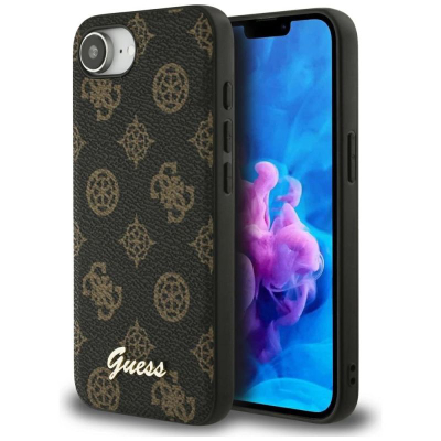 Футрола за телефон Guess Peony Script Logo MagSafe за iPhone 16E 6.1", еколошка кожа, црна